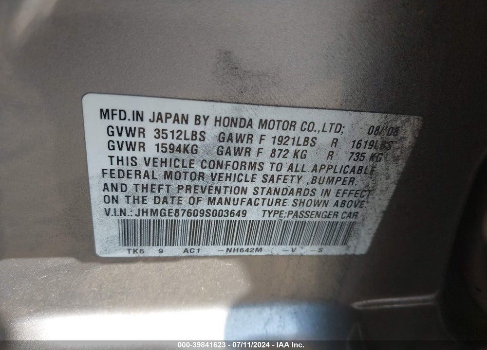 2009 HONDA FIT SPORT VIN: JHMGE87609S003649