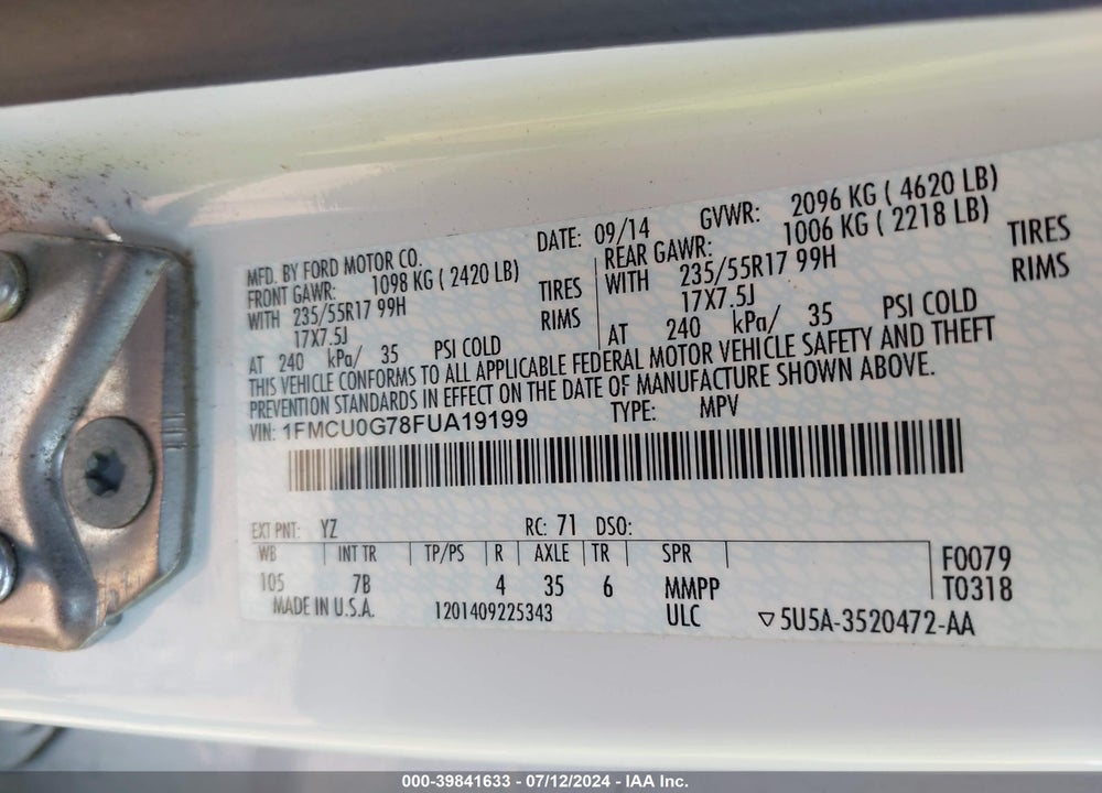 2015 FORD ESCAPE SE VIN: 1FMCU0G78FUA19199