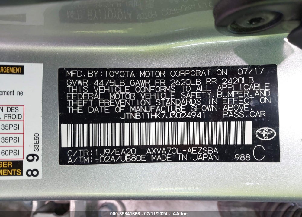 2018 TOYOTA CAMRY SE VIN: JTNB11HK7J3024941