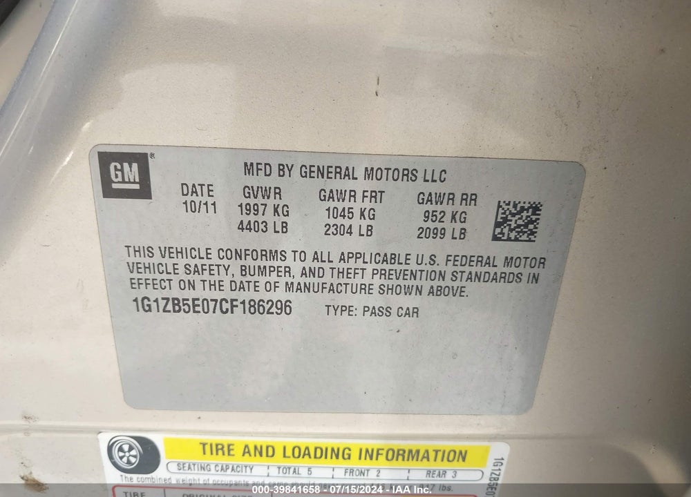 2012 CHEVROLET MALIBU LS VIN: 1G1ZB5E07CF186296