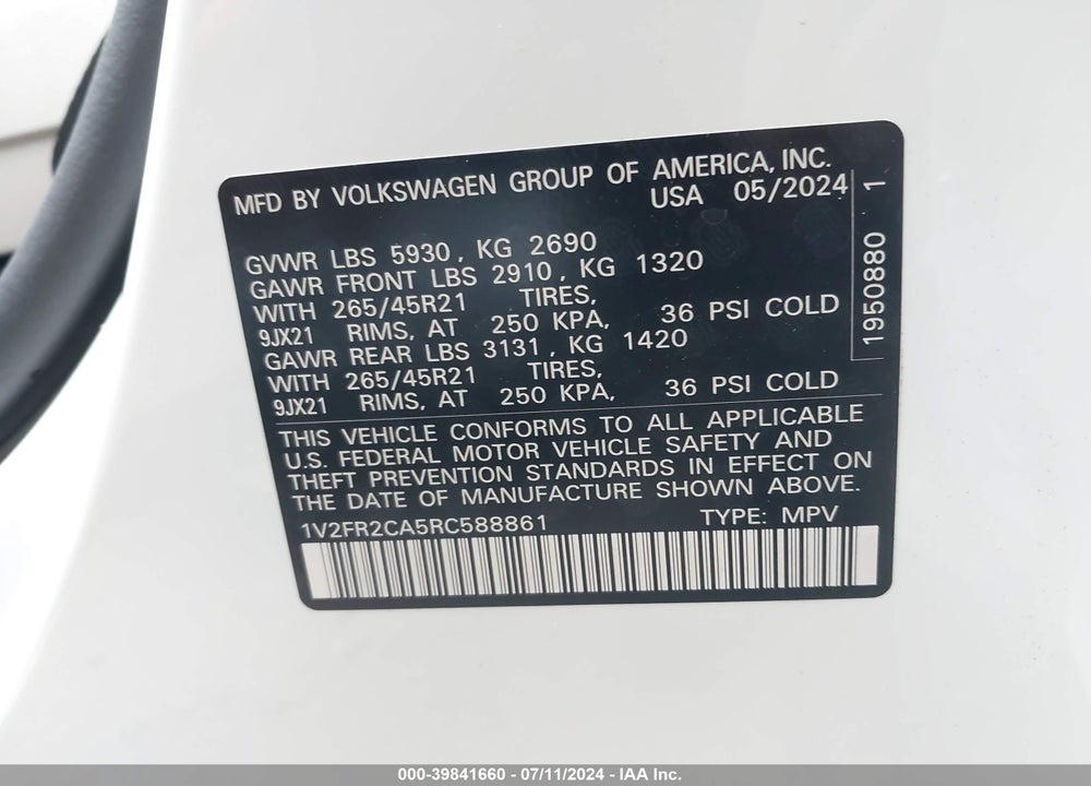 2024 VOLKSWAGEN ATLAS 2.0T SEL PREMIUM R-LINE VIN: 1V2FR2CA5RC588861