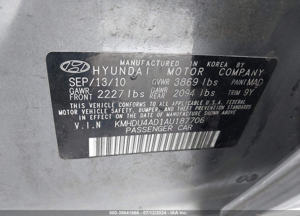 2010 HYUNDAI ELANTRA GLS VIN: KMHDU4AD1AU187706