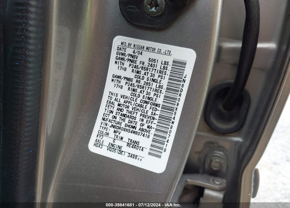 2004 NISSAN PATHFINDER LE PLATINUM VIN: JN8DR09X54W807418