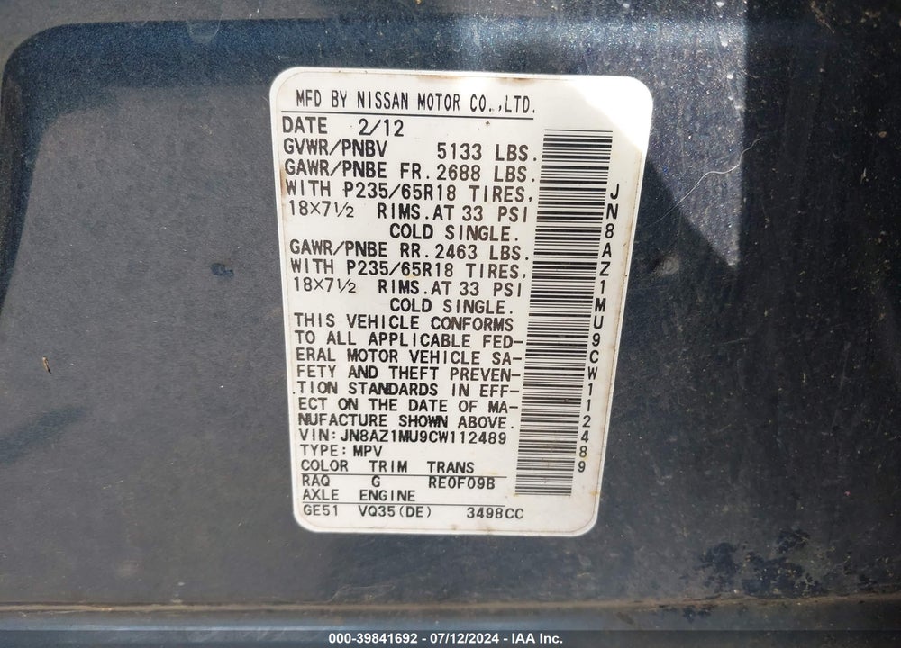 2012 NISSAN MURANO S VIN: JN8AZ1MU9CW112489