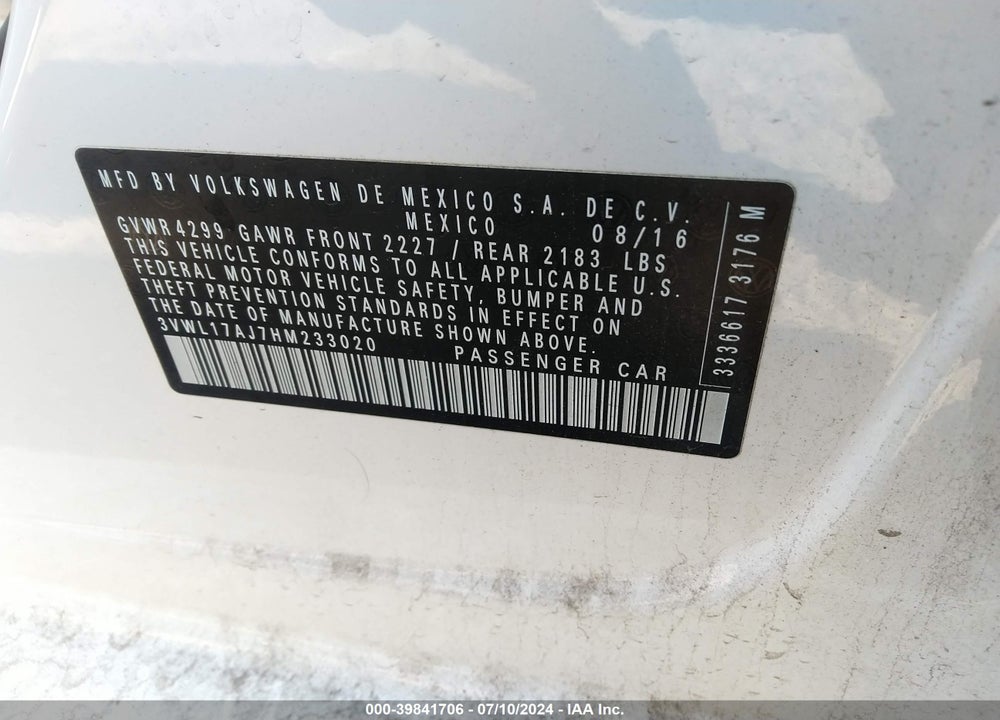 2017 VOLKSWAGEN JETTA 1.8T SEL VIN: 3VWL17AJ7HM233020