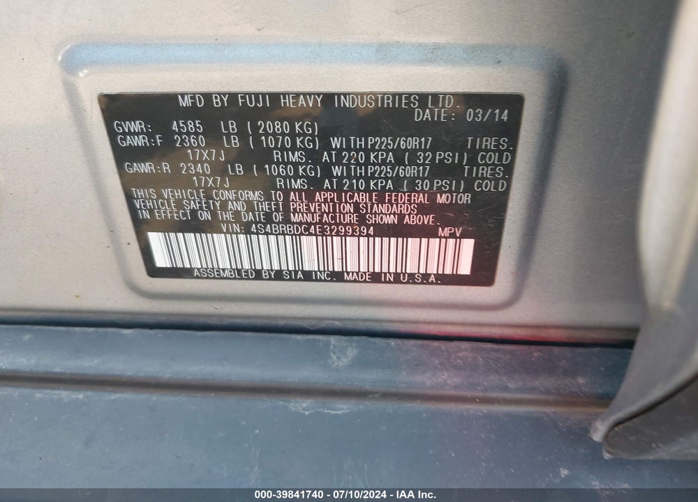 2014 SUBARU OUTBACK 2.5I PREMIUM VIN: 4S4BRBDC4E3299394