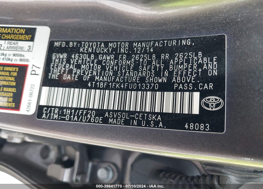 2015 TOYOTA CAMRY SE VIN: 4T1BF1FK4FU013370
