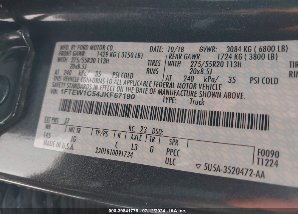 2018 FORD F-150 XL VIN: 1FTEW1C54JKF67190