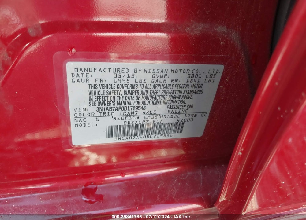 2013 NISSAN SENTRA SR VIN: 3N1AB7AP0DL729548