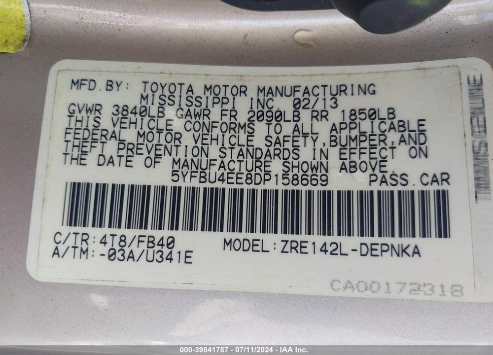 2013 TOYOTA COROLLA LE VIN: 5YFBU4EE8DP158669
