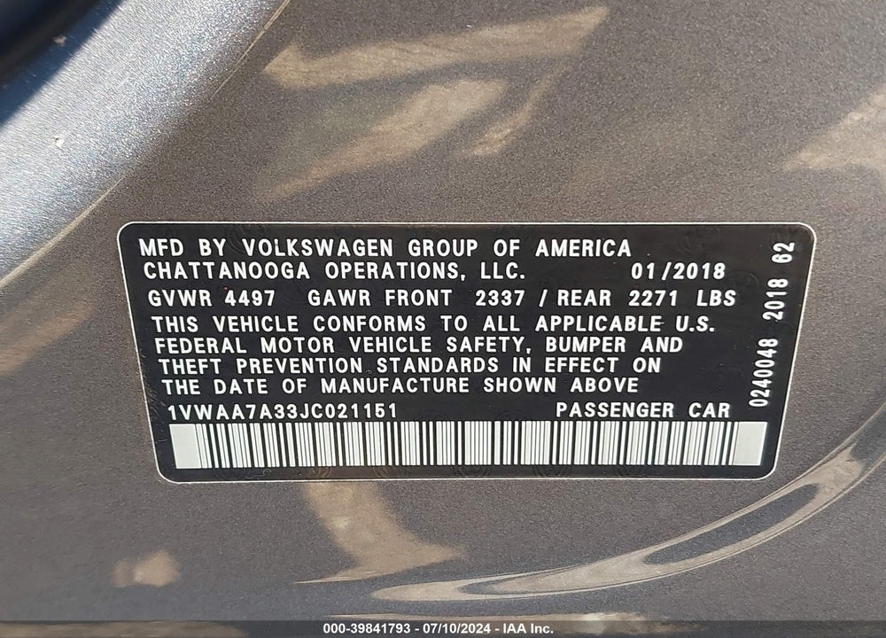 2018 VOLKSWAGEN PASSAT 2.0T R-LINE/2.0T S VIN: 1VWAA7A33JC021151