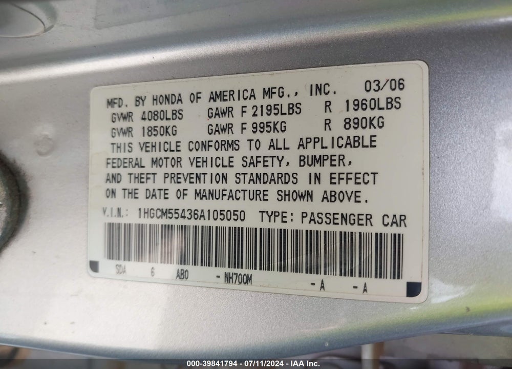 2006 HONDA ACCORD 2.4 LX VIN: 1HGCM55436A105050