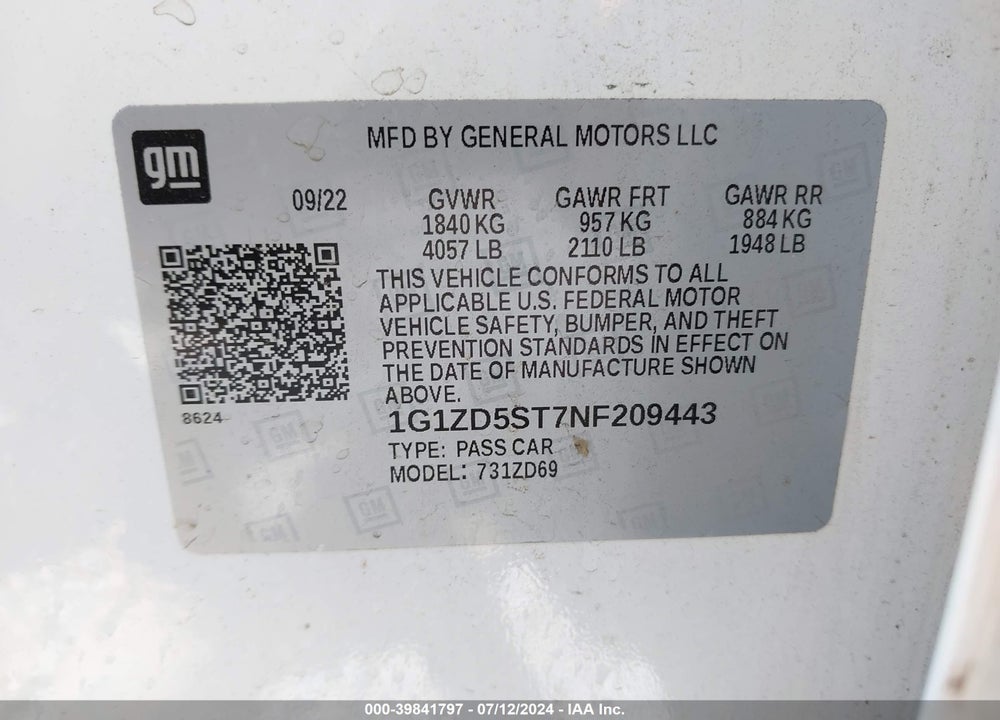 2022 CHEVROLET MALIBU VIN: 1G1ZD5ST7NF209443