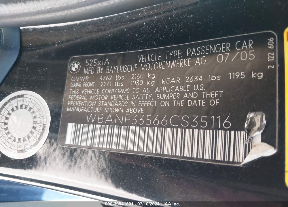 2006 BMW 525XI VIN: WBANF33566CS35116