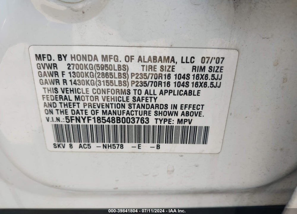 2008 HONDA PILOT EX-L VIN: 5FNYF18548B003763
