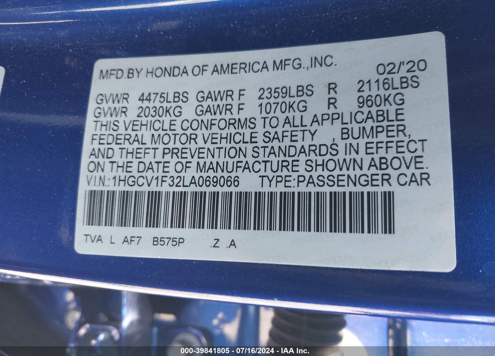 2020 HONDA ACCORD SPORT VIN: 1HGCV1F32LA069066