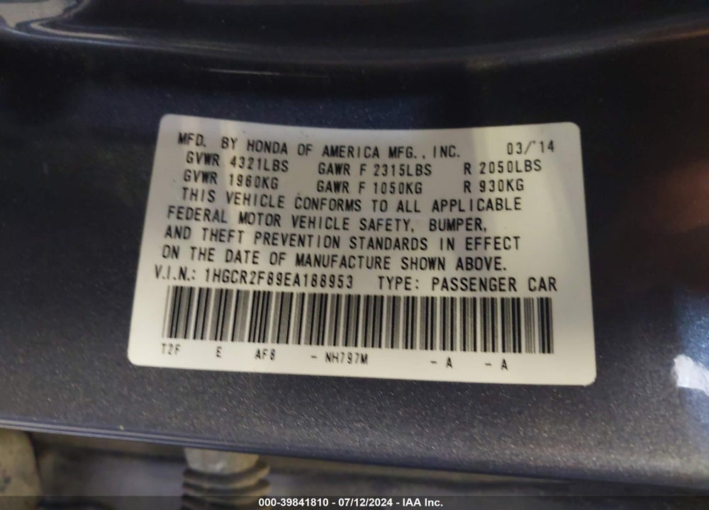 2014 HONDA ACCORD EX-L VIN: 1HGCR2F89EA188953