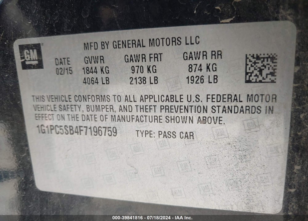 2015 CHEVROLET CRUZE 1LT AUTO VIN: 1G1PC5SB4F7196759