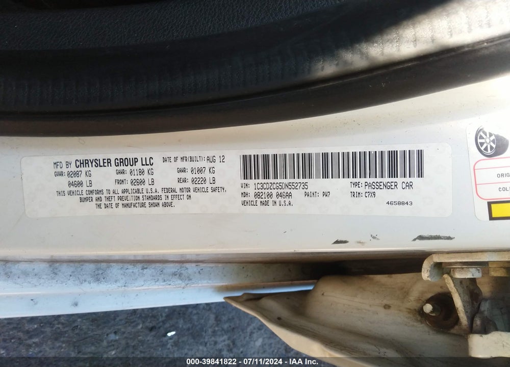 2013 AVENGER DODGE  SXT VIN: 1C3CDZCG5DN552735