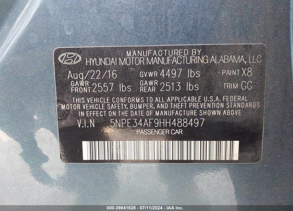 2017 HYUNDAI SONATA SPORT VIN: 5NPE34AF9HH488497