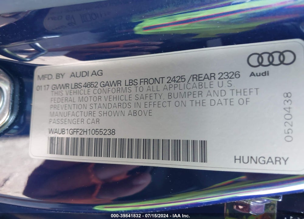 2017 AUDI S3 2.0T PREMIUM PLUS VIN: WAUB1GFF2H1055238