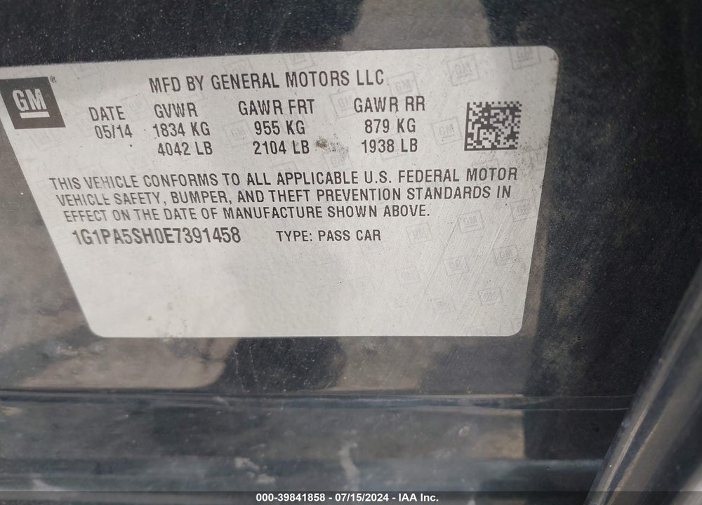2014 CHEVROLET CRUZE LS AUTO VIN: 1G1PA5SH0E7391458