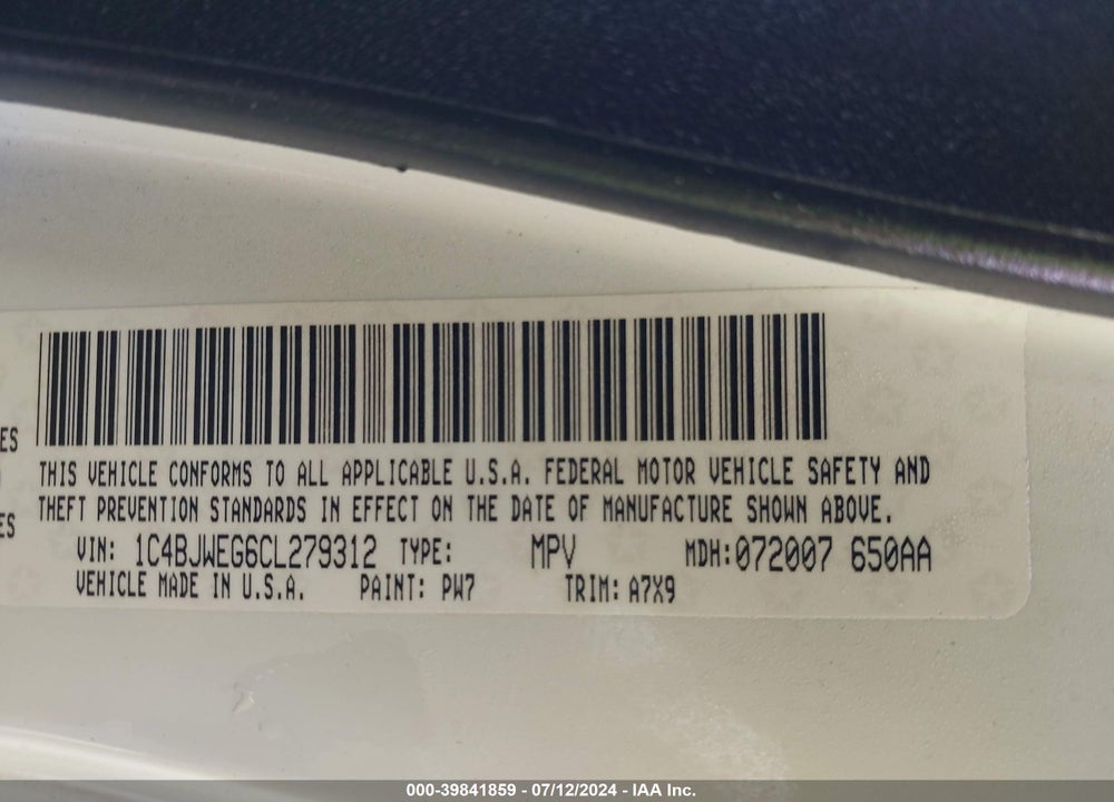 2012 JEEP WRANGLER UNLIMITED SAHARA VIN: 1C4BJWEG6CL279312