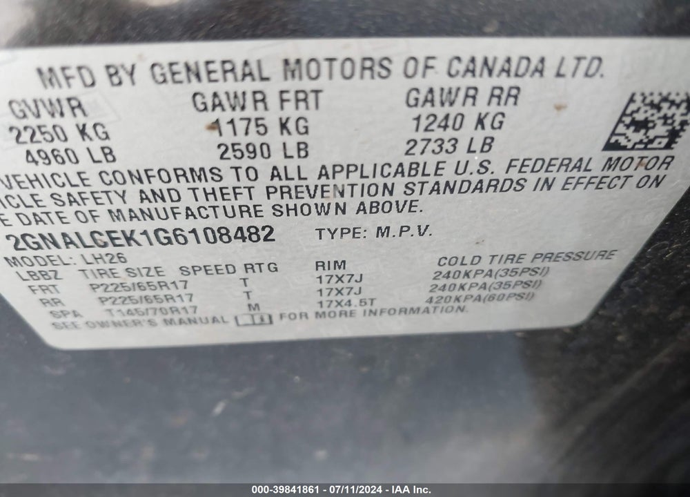 2016 CHEVROLET EQUINOX LT VIN: 2GNALCEK1G6108482