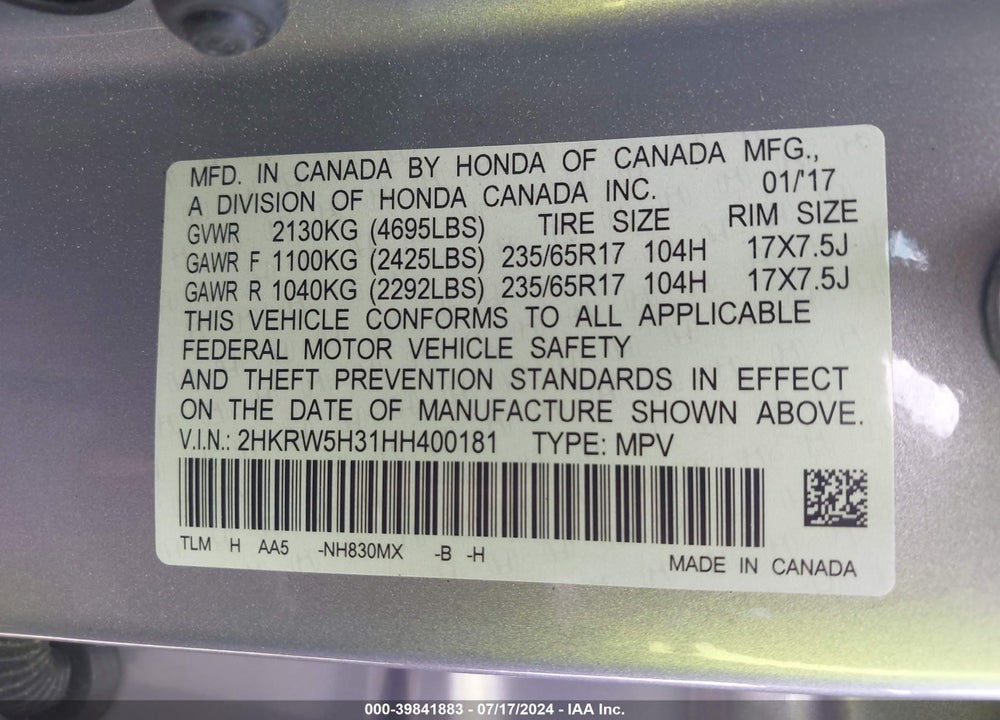 2017 HONDA CR-V LX VIN: 2HKRW5H31HH400181