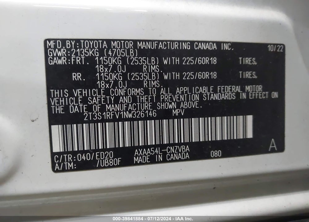 2022 TOYOTA RAV4 TRD OFF ROAD VIN: 2T3S1RFV1NW326146