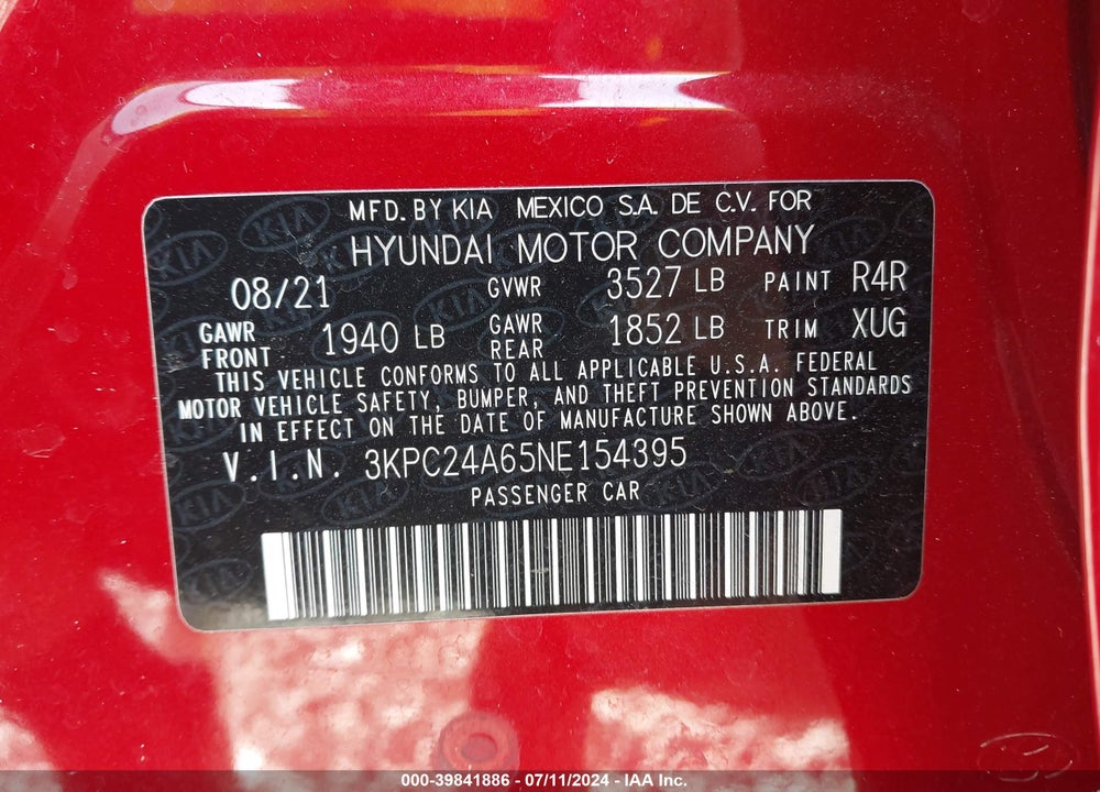 2022 HYUNDAI ACCENT SE VIN: 3KPC24A65NE154395