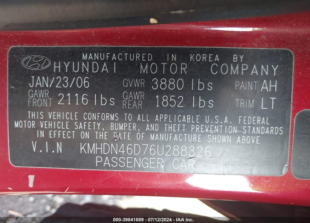 2006 HYUNDAI ELANTRA GLS/LIMITED VIN: KMHDN46D76U288326