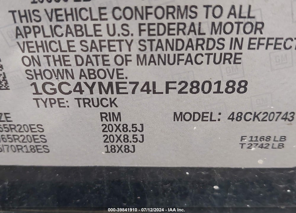 2020 CHEVROLET SILVERADO 2500HD 4WD STANDARD BED CUSTOM VIN: 1GC4YME74LF280188