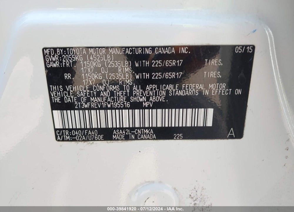 2015 TOYOTA RAV4 XLE VIN: 2T3WFREV1FW195516