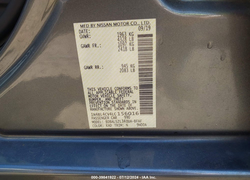 2020 NISSAN ALTIMA SR FWD VIN: 1N4BL4CV4LC156016