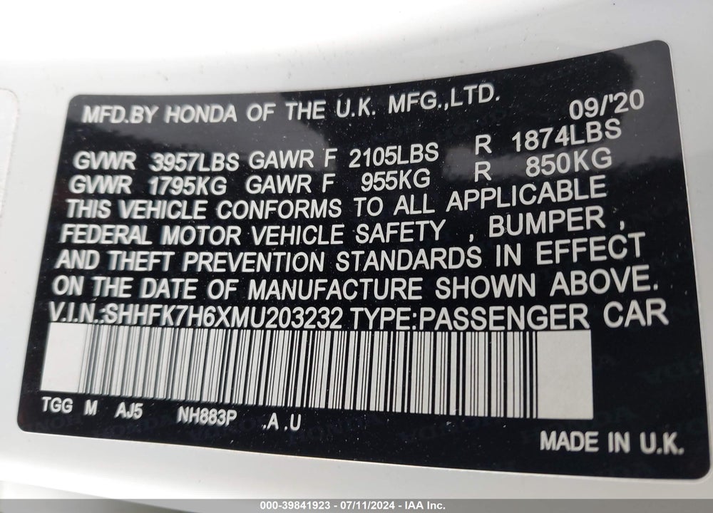 2021 HONDA CIVIC EX VIN: SHHFK7H6XMU203232