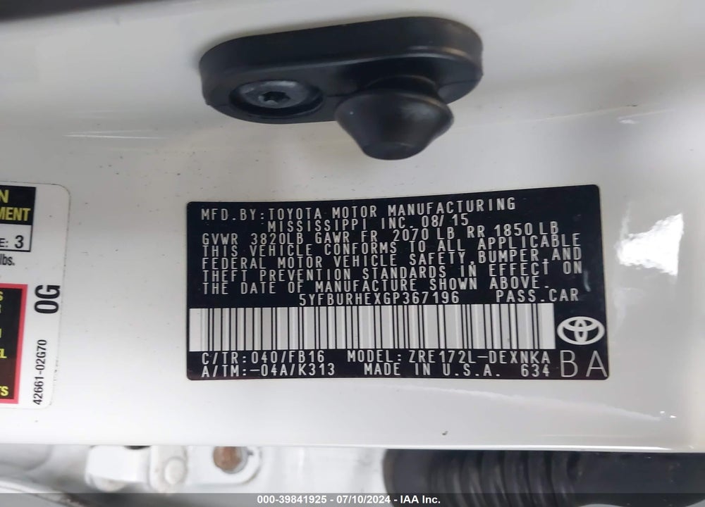 2016 TOYOTA COROLLA LE VIN: 5YFBURHEXGP367196