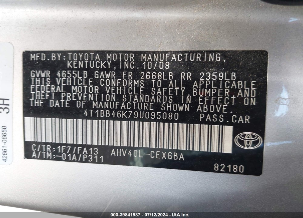 2009 TOYOTA CAMRY HYBRID VIN: 4T1BB46K79U095080