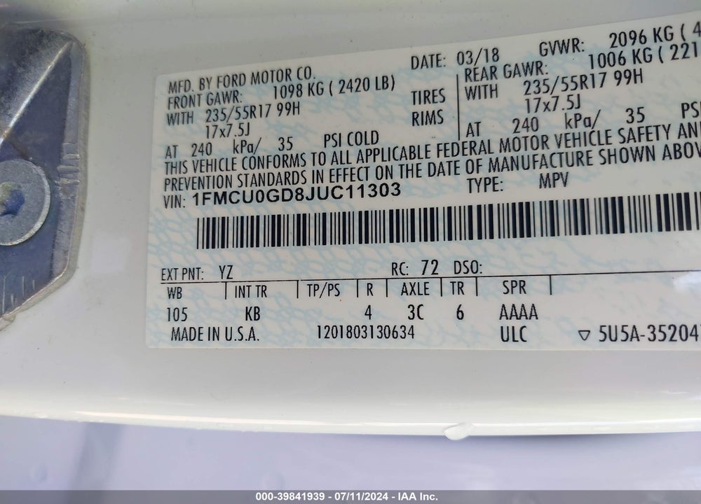 2018 FORD ESCAPE VIN: 1FMCU0GD8JUC11303