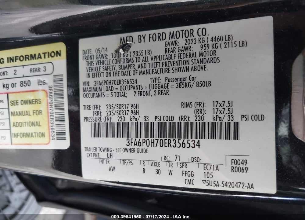 2014 FORD FUSION SE VIN: 3FA6P0H70ER356534