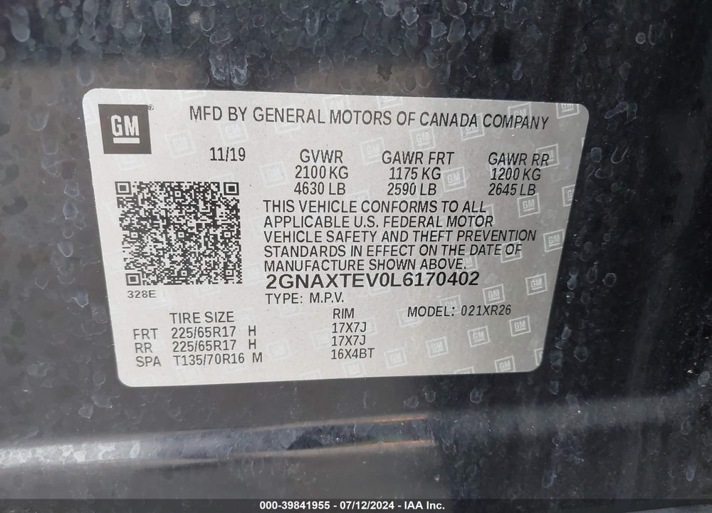 2020 CHEVROLET EQUINOX AWD 2FL VIN: 2GNAXTEV0L6170402
