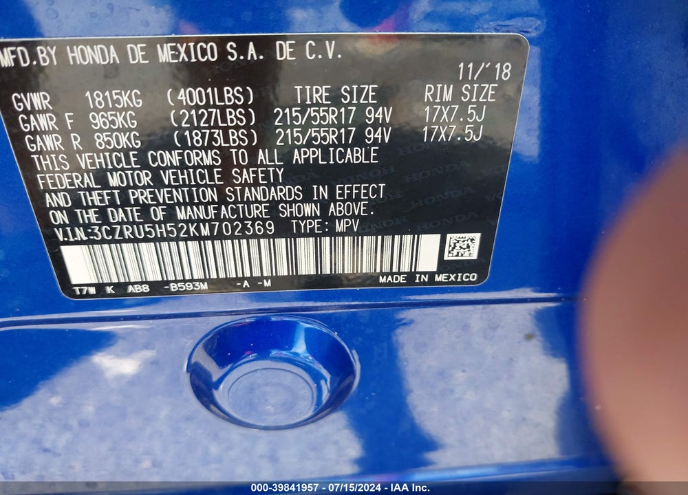 2019 HONDA HR-V EX VIN: 3CZRU5H52KM702369