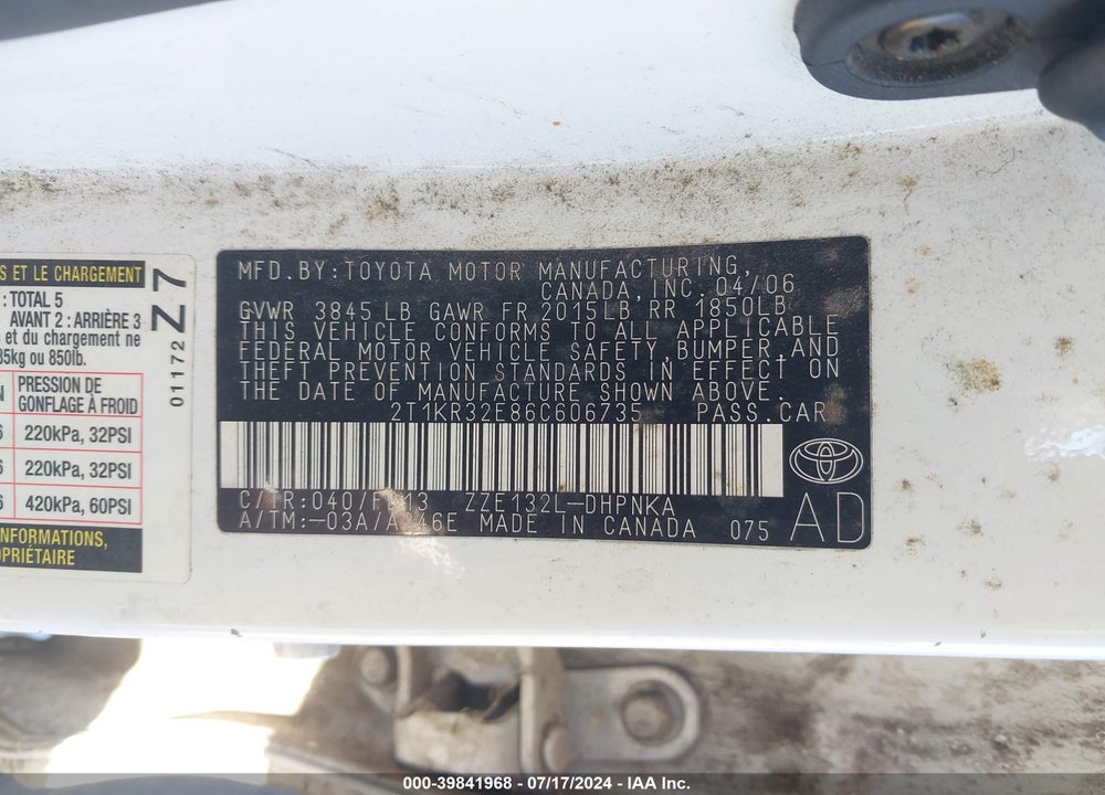 2006 TOYOTA MATRIX/XR VIN: 2T1KR32E86C606735