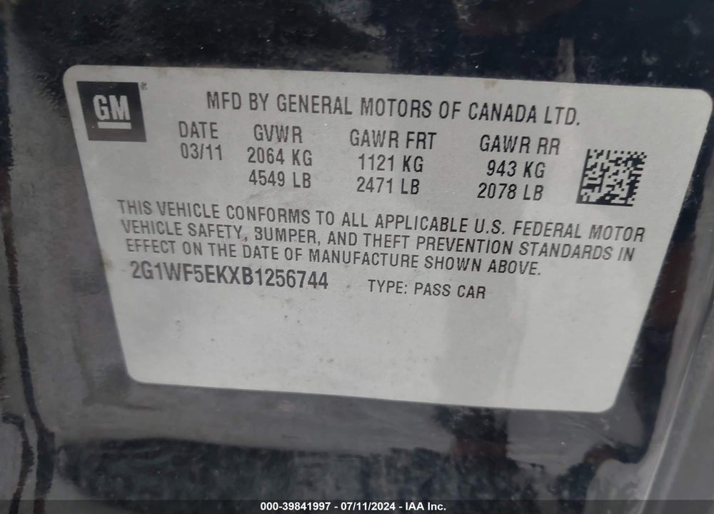 2011 CHEVROLET IMPALA LS VIN: 2G1WF5EKXB1256744