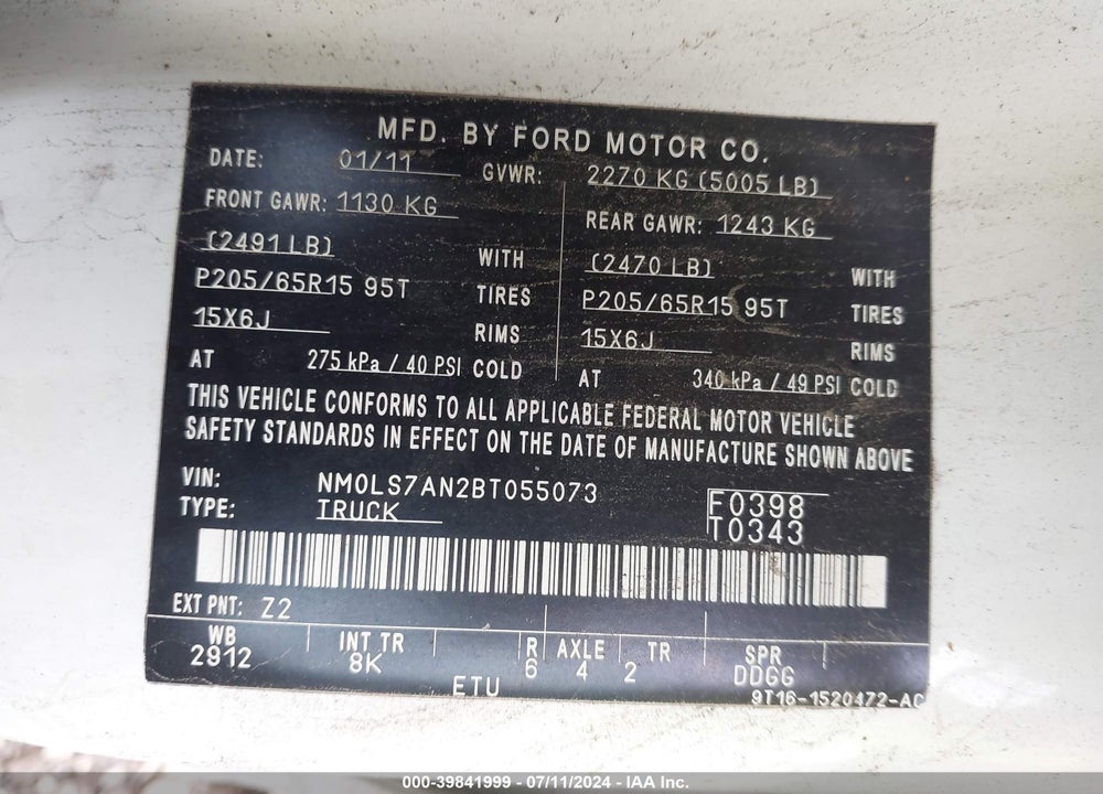 2011 FORD TRANSIT CONNECT XL VIN: NM0LS7AN2BT055073
