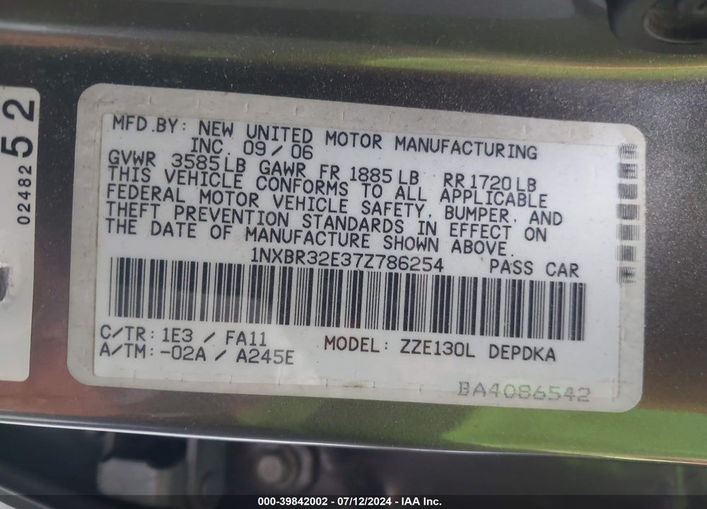2007 TOYOTA COROLLA CE VIN: 1NXBR32E37Z786254