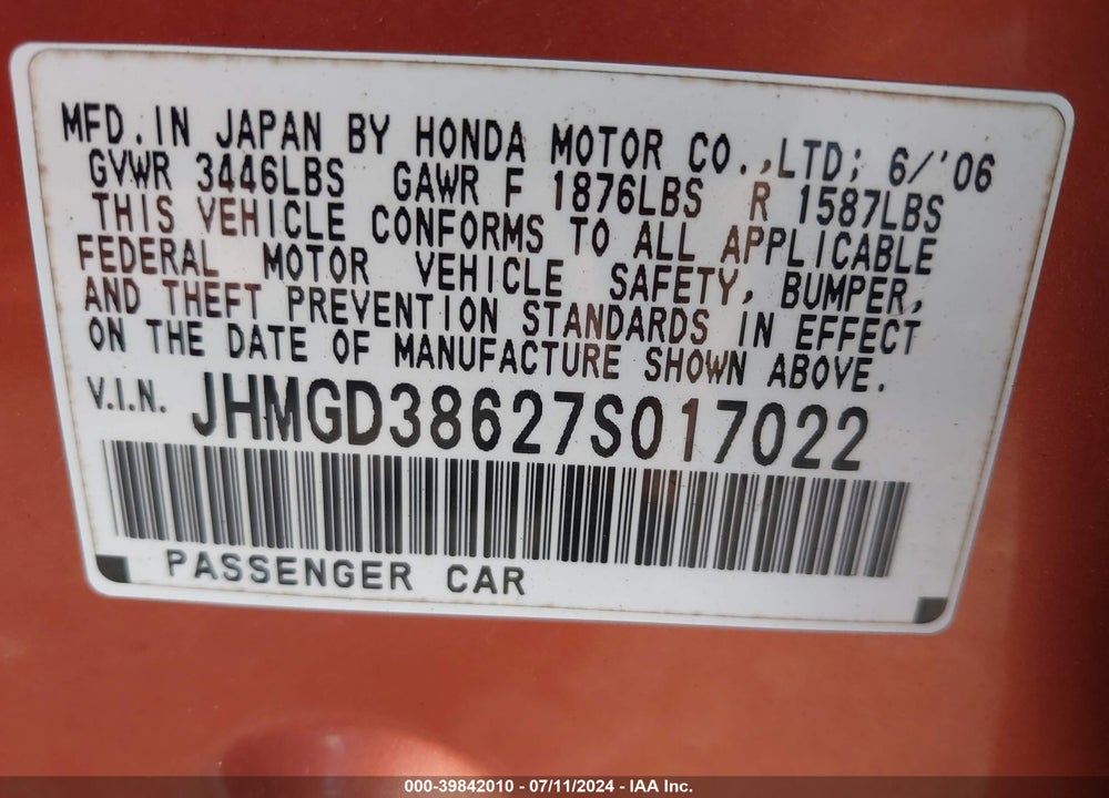2007 HONDA FIT SPORT VIN: JHMGD38627S017022