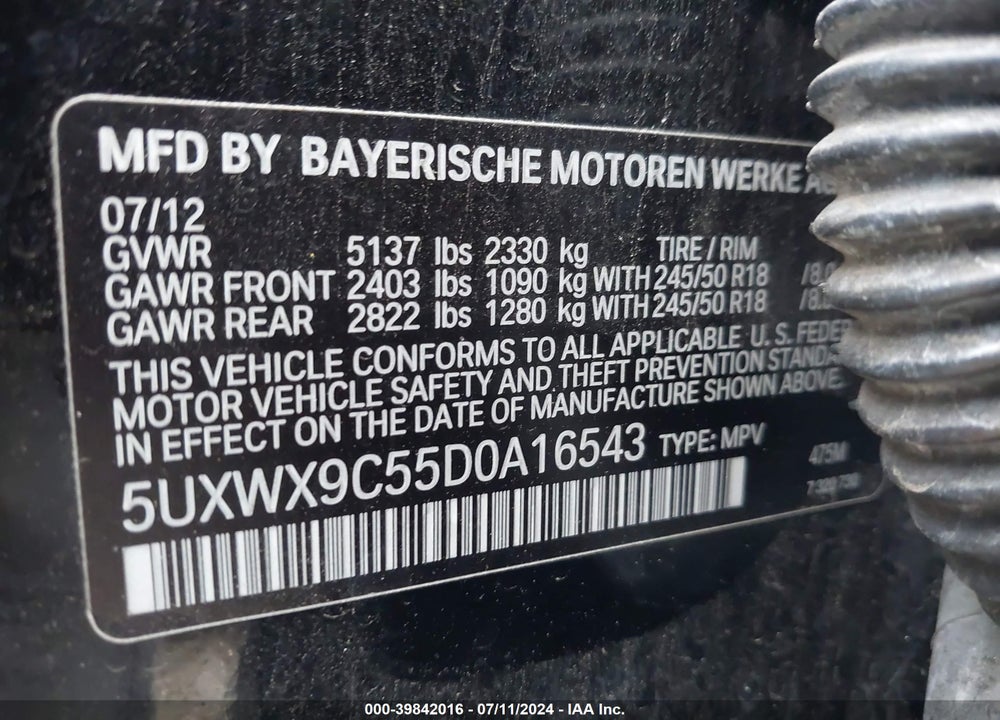 2013 BMW X3 XDRIVE28I VIN: 5UXWX9C55D0A16543