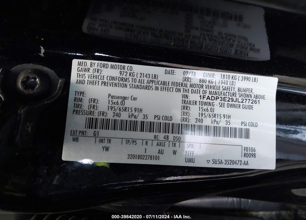 2018 FORD FOCUS S VIN: 1FADP3E29JL277261