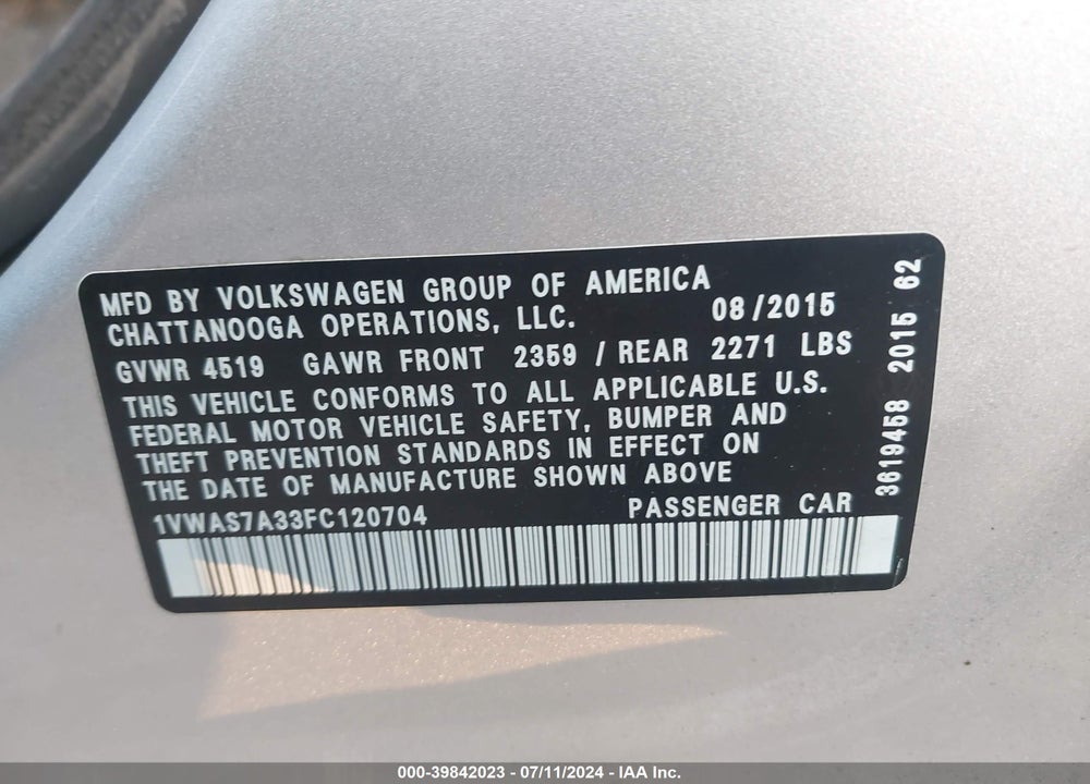 2015 VOLKSWAGEN PASSAT 1.8T LIMITED EDITION VIN: 1VWAS7A33FC120704